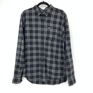 Hollister Mens Size Large Stretch Flannel Shirt Gray Black Plaid Button Down
